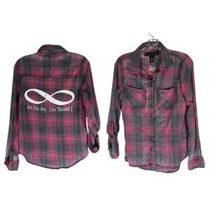 Polly & Esther Button Down Shirt Women’s Pink Gray Roll Tab Long Sleeve Infinity